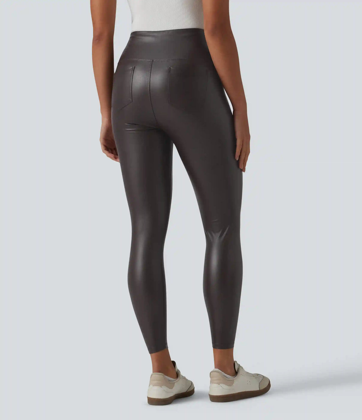 High Waisted Tummy Control Stretchy PU Casual 7/8 Leggings with Pockets