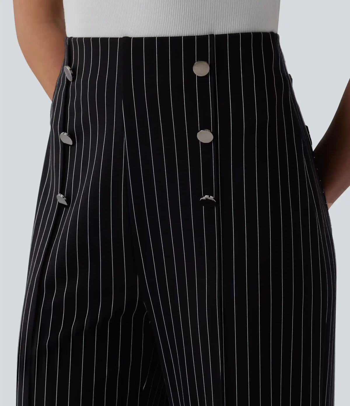 High Waisted Wide Leg Stripe Work Pants with Pockets