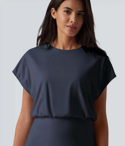 SoftlyZero™ Airy Round Neck Short Sleeve 2-in-1 InstantCool Mini Yoga Active Dress with Pockets-Easy Peezy Edition