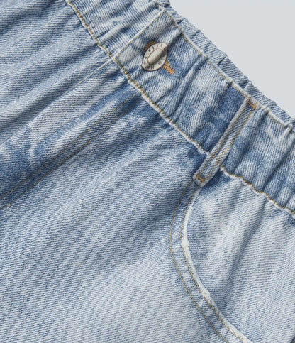 High Waisted Denim Print French Terry Casual Joggers with Pockets