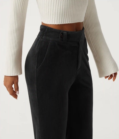 High Waisted Tummy Control Asymmetric Flare Corduroy Casual Pants with Pockets