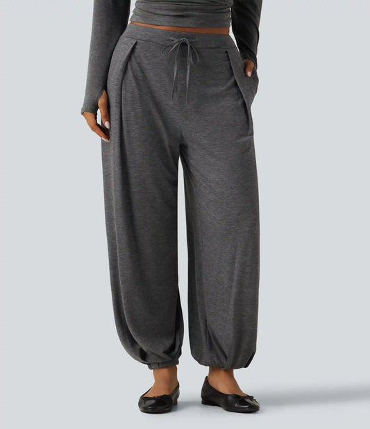 Mid Rise Drawstring Pleated Casual Joggers with Pockets