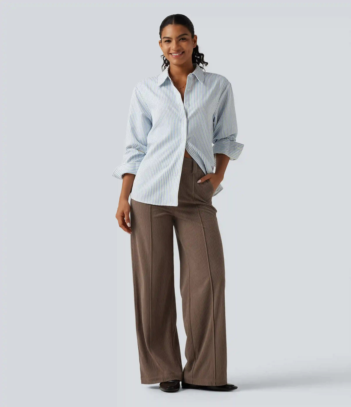 High Waisted Straight Leg Pintuck Corduroy Casual Pants with Pockets