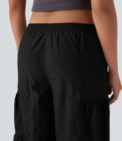 Mid Rise Drawstring Pocket Ruched Parachute Casual Cargo Baggy Joggers