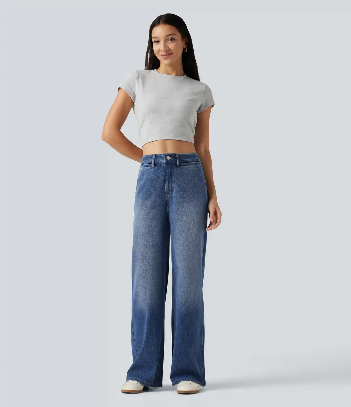 Halara Flex™ High Waisted Wide Leg Washed Casual Jeans with Pockets