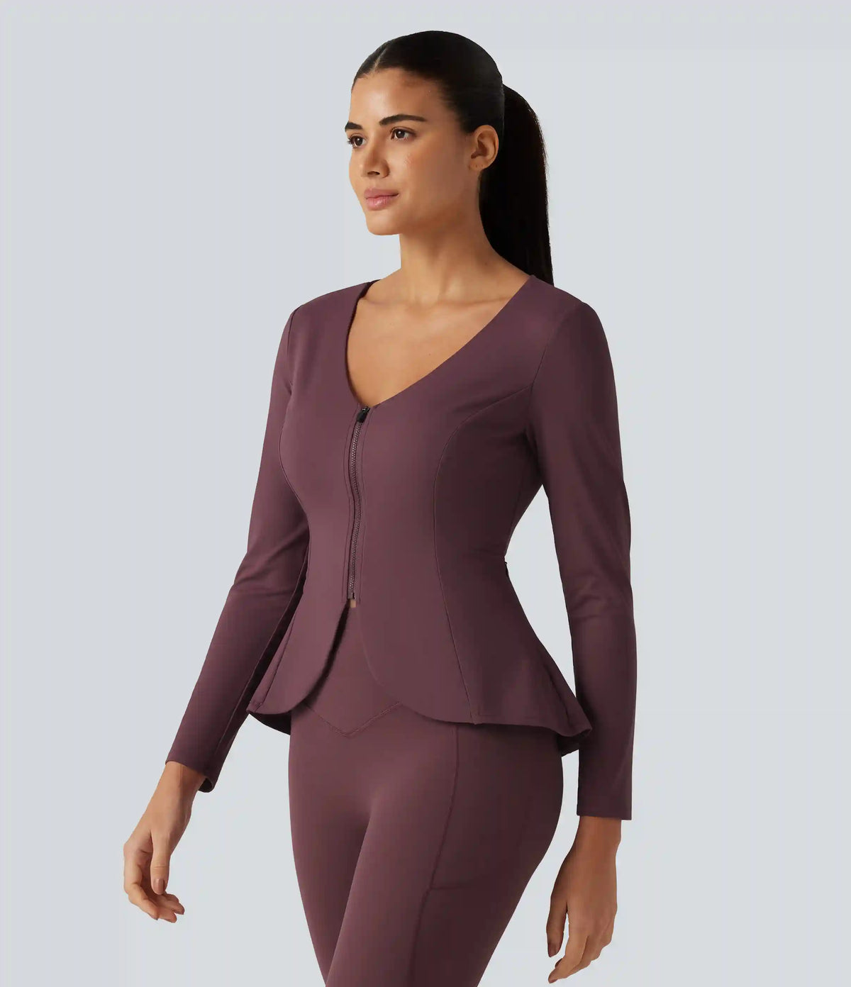 SoftlyZero™ Plush V Neck Long Sleeve Slim Ruffle Hem Yoga Jacket with Pockets