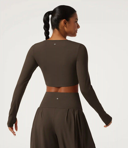 SoftlyZero™ Airy Queen Anne Neck Long Sleeve Thumb Hole Crossover Hem InstantCool Cropped Yoga Sports Top