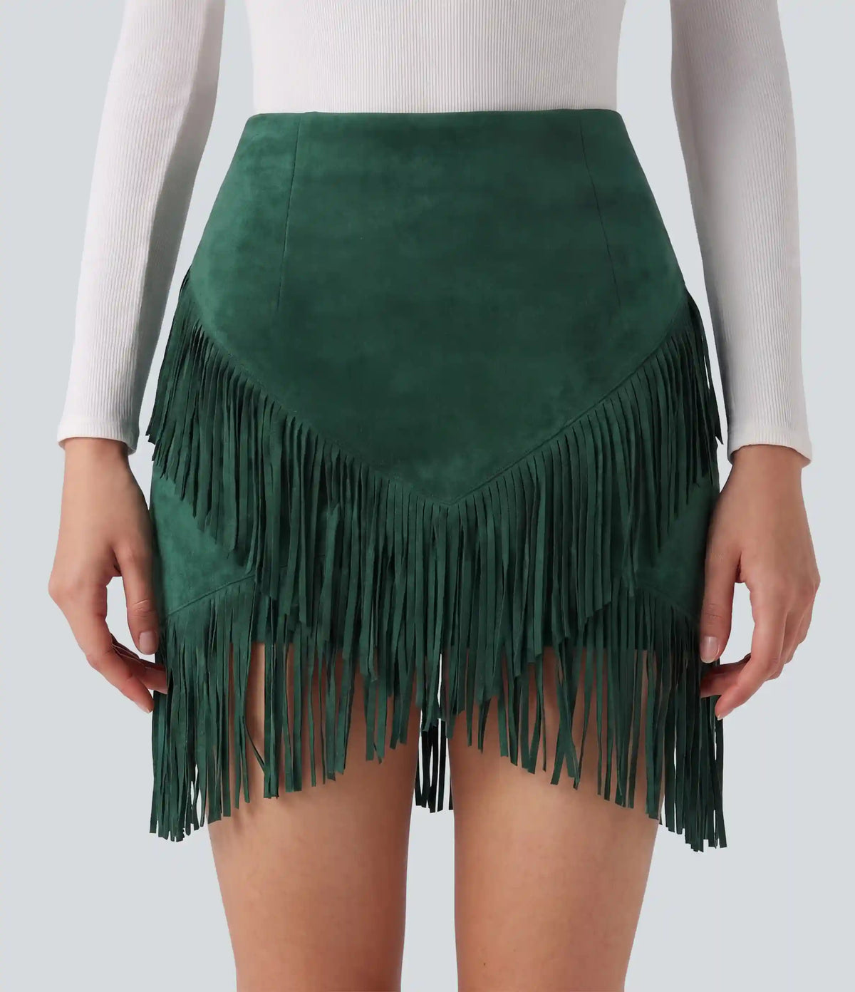 High Waisted 2-in-1 Fringe Hem Bodycon Mini Suede Casual Skirt