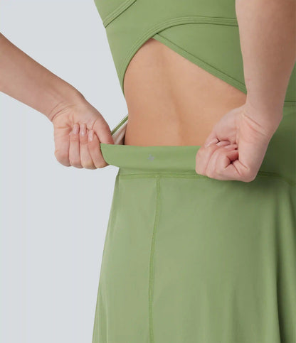Breezeful™ Square Neck Crisscross Backless Built-in Bra 2-in-1 Midi Quick Dry Dance Active Dress with Pocket-Easy Peezy