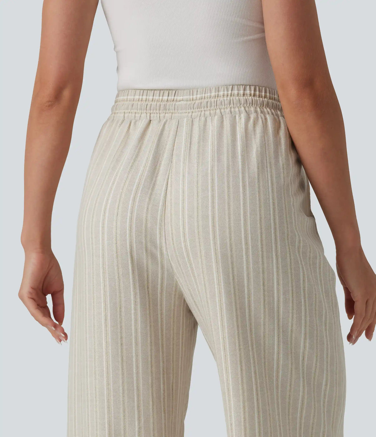 High Waisted Drawstring Stripes Linen Work Baggy Pants with Pockets