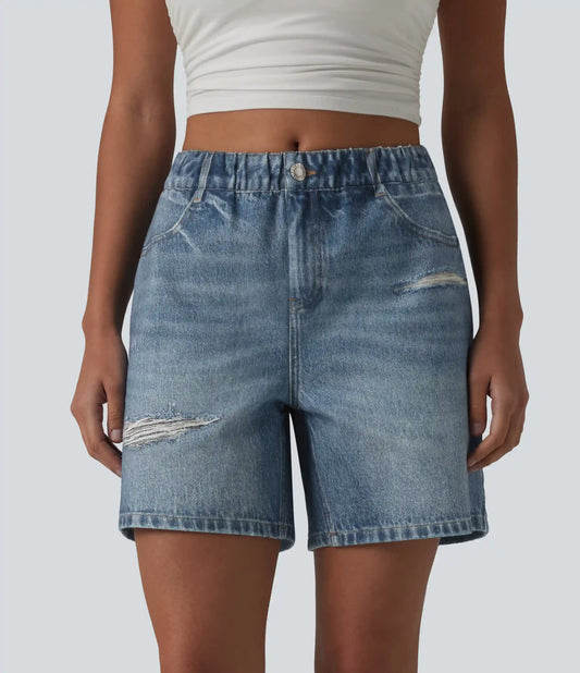 Mid Rise Denim Print French Terry Casual Sweat Shorts 5'' with Pockets