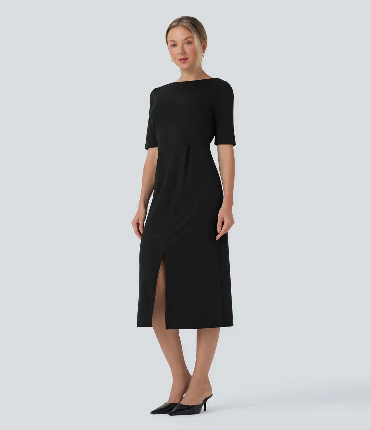 Rounded Neckline Short Sleeve Split Work Dress