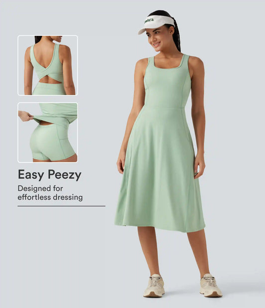 SoftlyZero™ Airy Square Neck Built-in Bra 2-in-1 InstantCool Midi Dance Active Dress with Pockets-Easy Peezy Edition