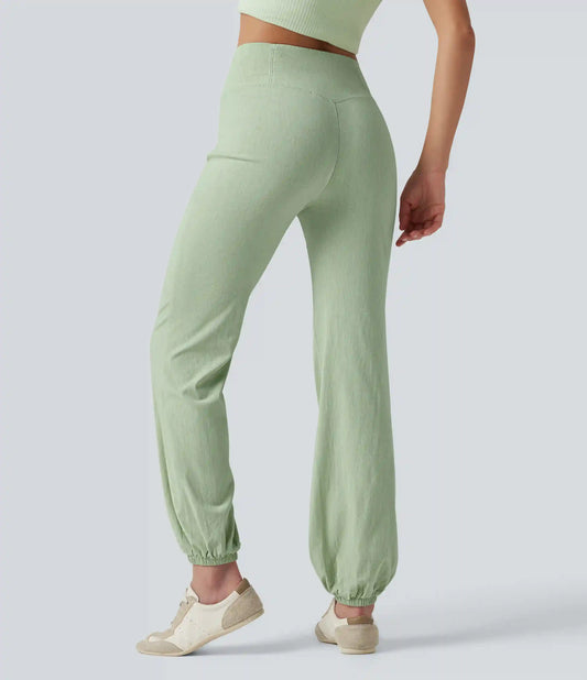 Crossover High-waisted Casual Stretch Linen Balloon Joggers with Pockets