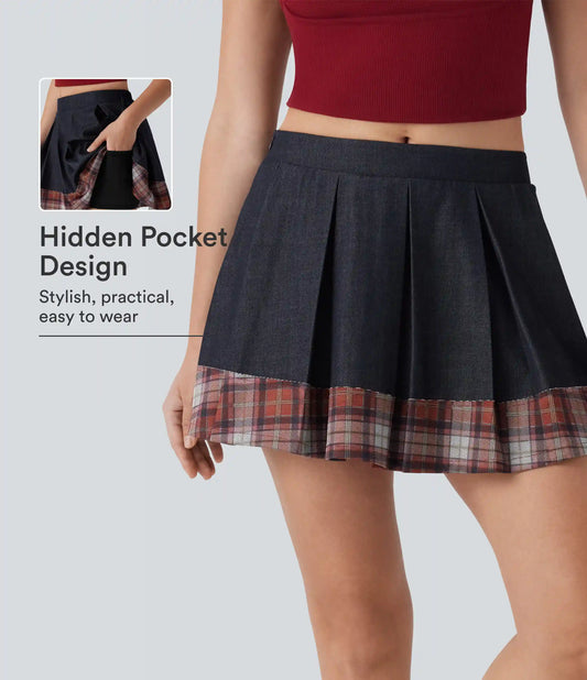 Mid Rise Pleated A-Line 2-in-1 Denim Like Plaid Mini Casual Skirt with Pocket
