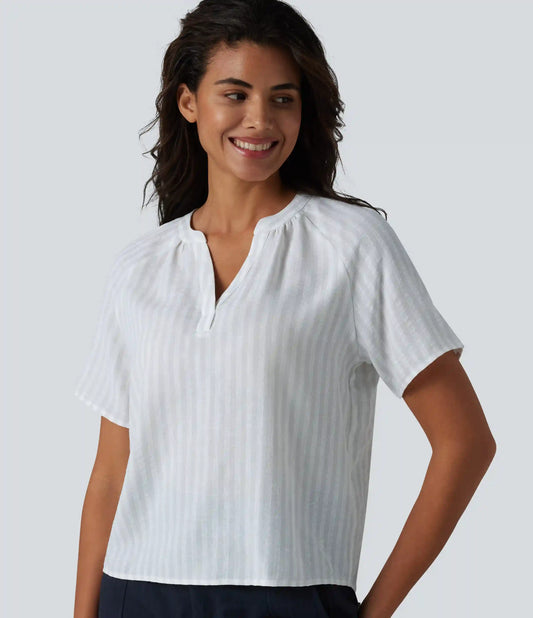 V Neck Short Sleeve Stripe Casual Linen-Feel Blouse