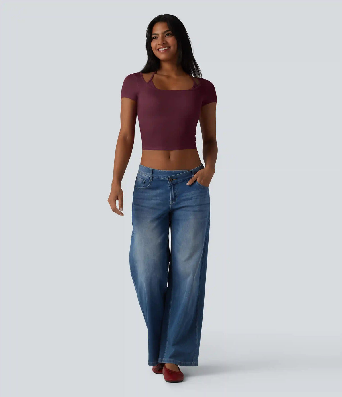 Ribbed Halter Tie Back Built-in Bra Short Sleeve Cropped Casual T-Shirt