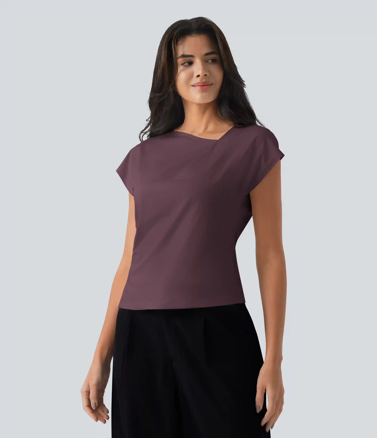Asymmetric Cowl Neck Short Sleeve Ruched Split Hem Work Blouse