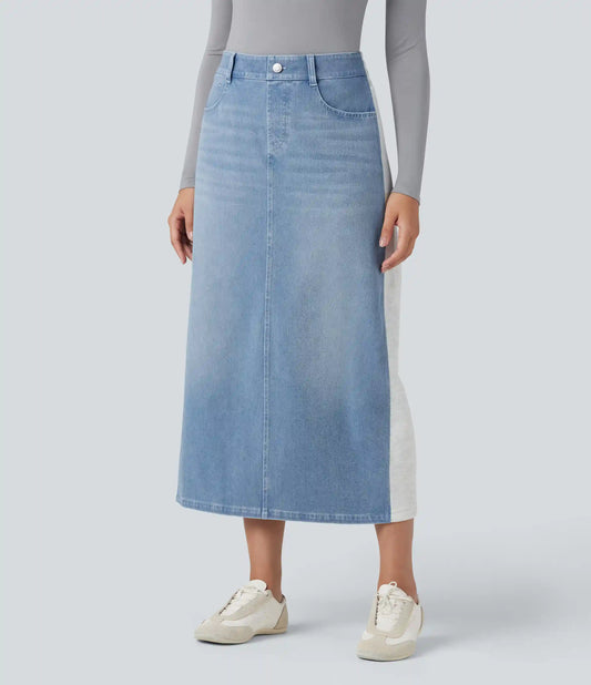 Halara Flex™ High Waisted Split Midi Color Block Denim Casual Skirt with Pockets