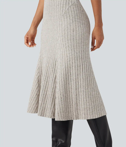 Ribbed Knit High-waisted Midi Casual A-line Skirt