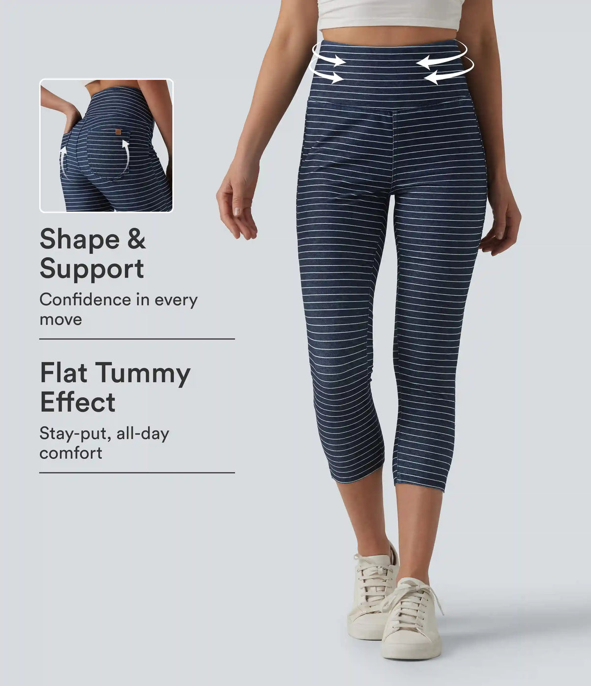 Halara Flex™ High Waisted Tummy Control Split Stripes Denim Casual Capri Leggings with Pockets