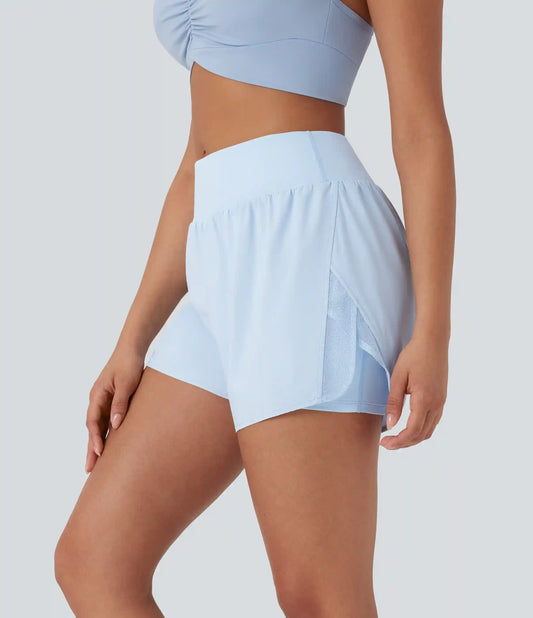 Mid Rise Contrast Mesh 2-in-1 Yoga Shorts with Pockets