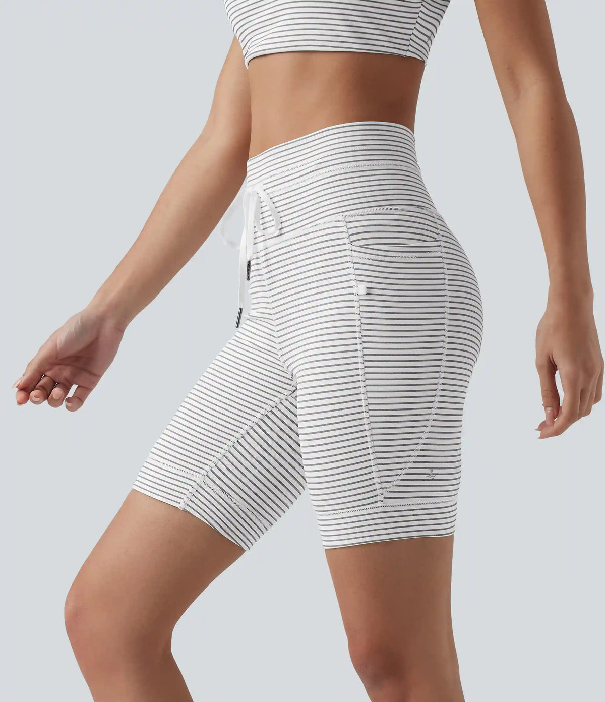 High Waisted Drawstring Striped Yoga Biker Shorts 7'' with Pockets