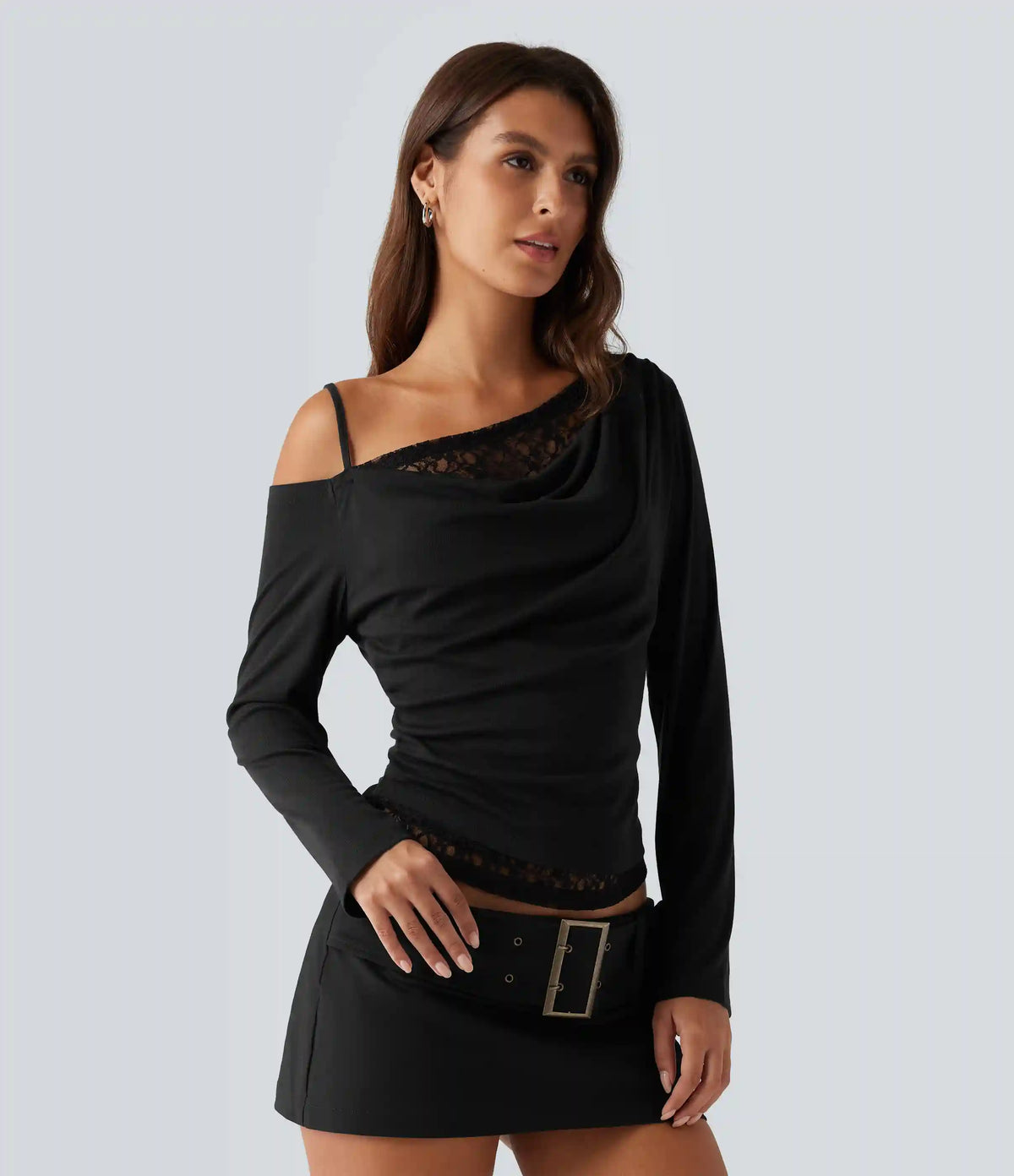 One Shoulder Long Sleeve 2-in-1 Contrast Lace Casual Top