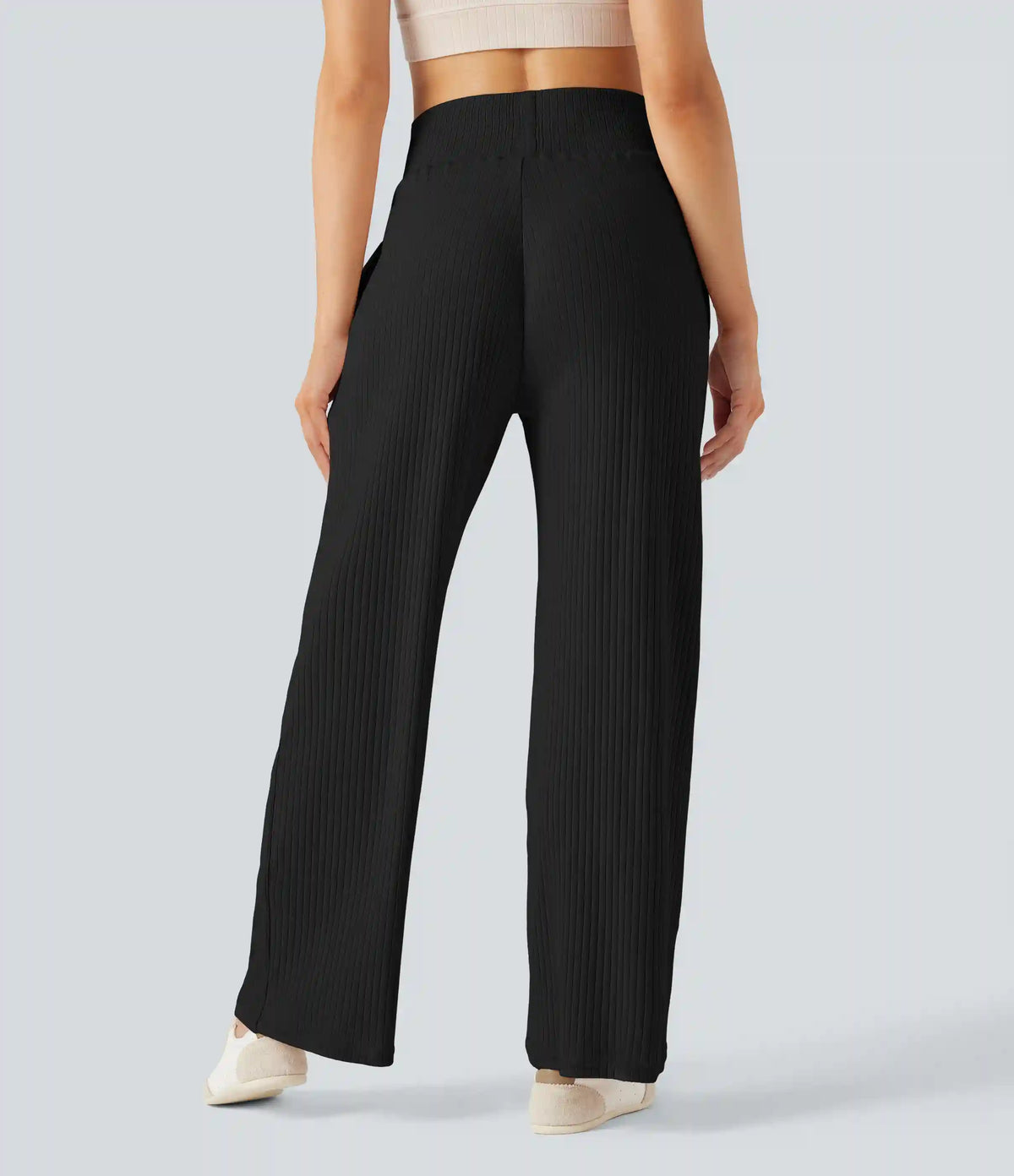 Ribbed Knit High Waisted Casual Pants with Pockets