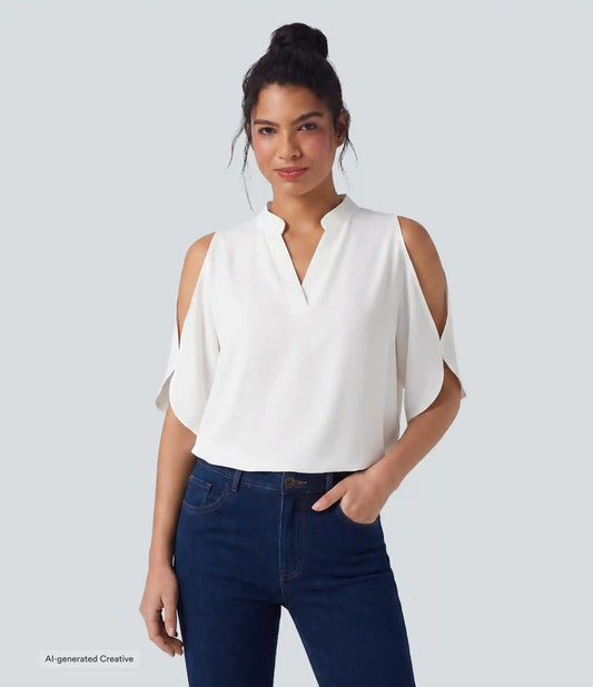 V Neck Short Sleeve Cut Out Work Blouse