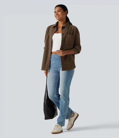 Long Sleeve Curved Hem Corduroy Casual Shirt Jacket with Pocket