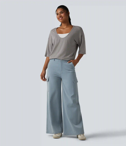 Scoop Neck Half Sleeve Color Block Casual Top