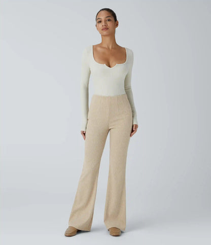 Ribbed Knit High Waisted Side Zipper Pockets Casual Flare Pants