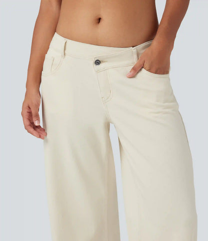 Halara Flex™ Asymmetric Low Rise Zipper Pockets Baggy Wide Leg Washed Casual Jeans