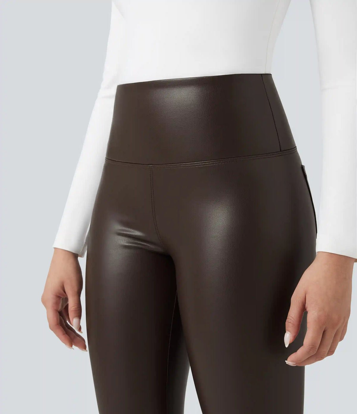 High Waisted Tummy Control Stretchy PU Fleece 7/8 Skinny Casual Leggings with Pockets