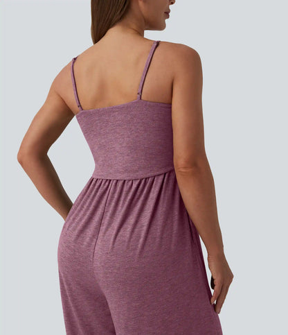 Adjustable Straps Ruched Wide Leg Heathered Casual Jumpsuit with Pockets-Easy Peezy