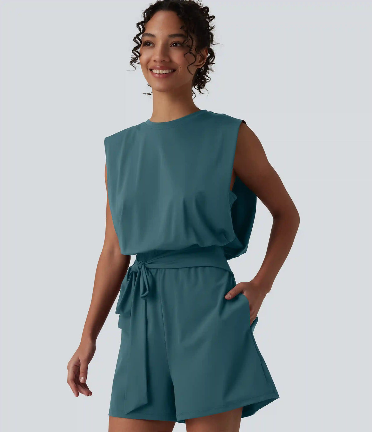Round Neck Sleeveless Tie-front Cool Touch Casual Romper with Pockets-Easy Peezy-UPF50+