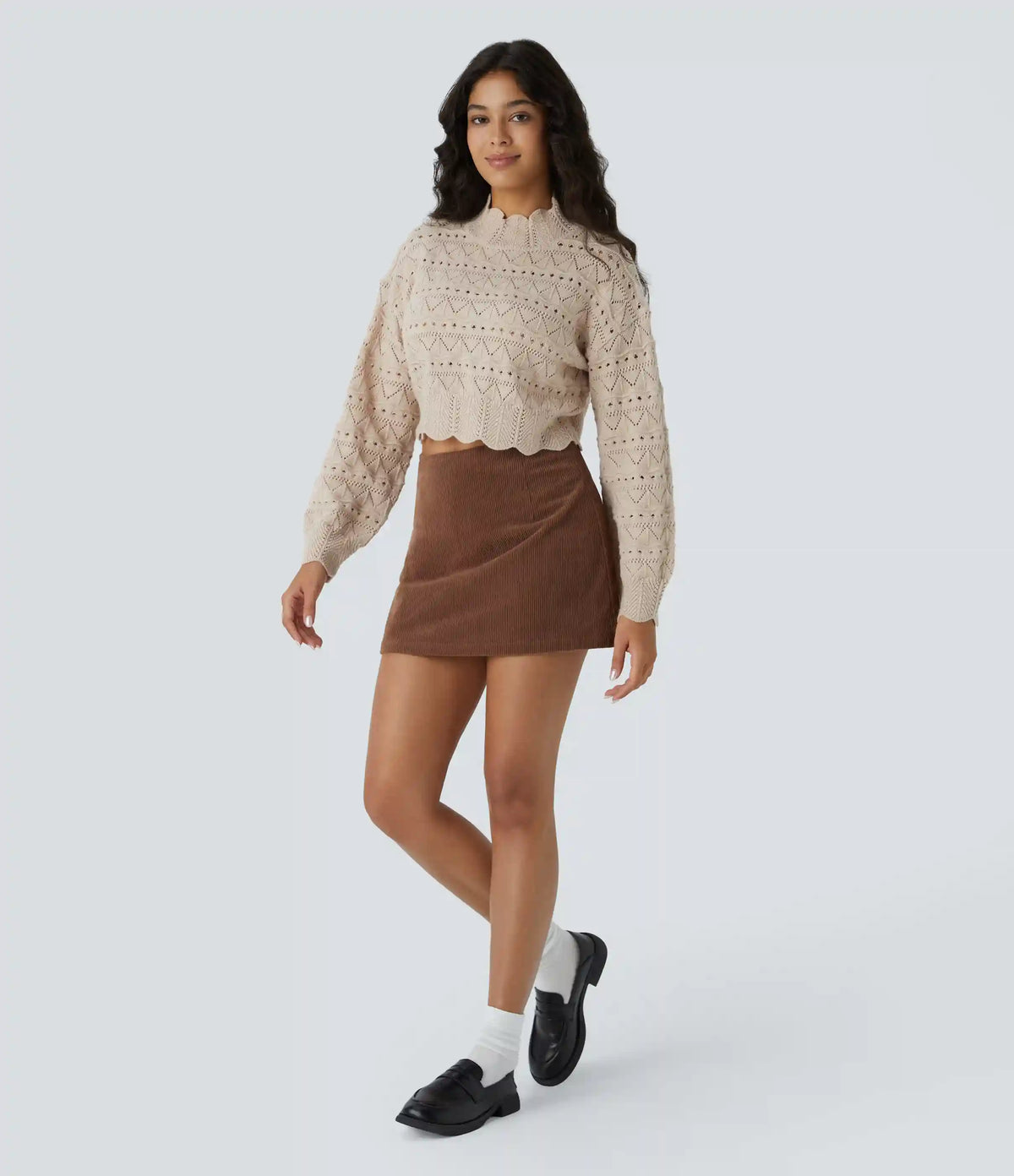 Mock Neck Bishop Sleeve Scallop Hem Open Knit Casual Sweater