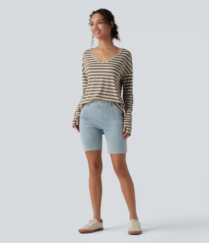 Deep V-neck Long Sleeve Thumb Holes Stripes Relaxed T-Shirt-Front and Back Wearable