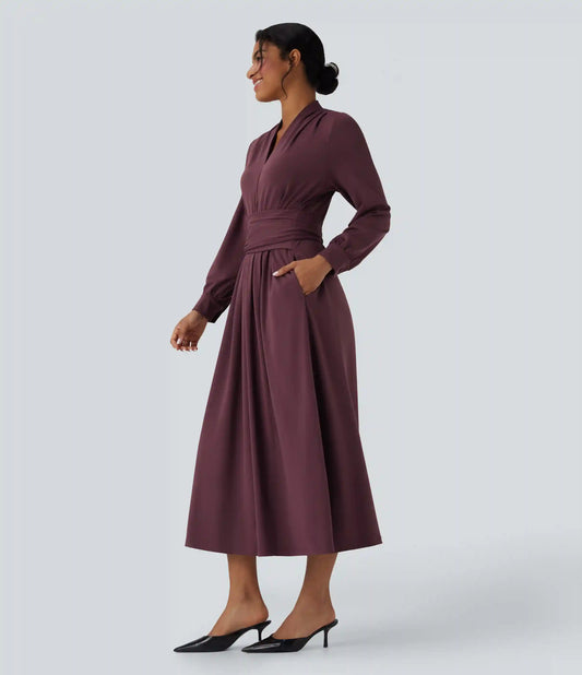 V-neck Long Sleeve Tie Back Midi Work Dress with Pockets