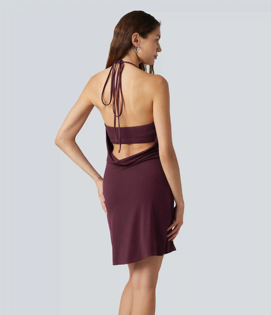 Ribbed Halter Cowl Neck Backless Built-in Bra Mini Casual Dress