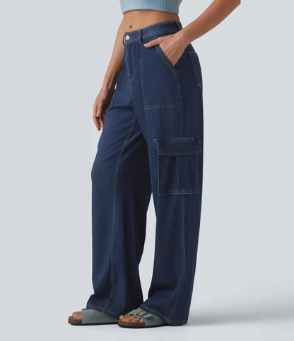 Halara Flex™ Mid Rise Draped Lyocell Washed Casual Straight Leg Cargo Jeans with Pockets