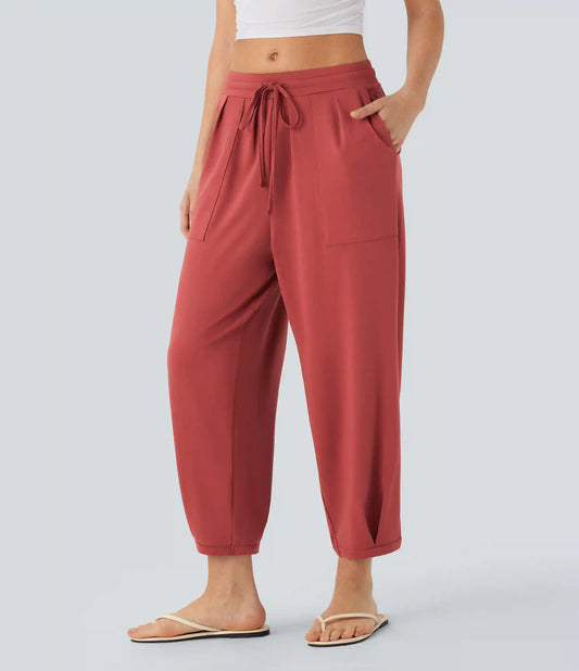 Mid Rise Drawstring Casual Tapered Pants with Pockets