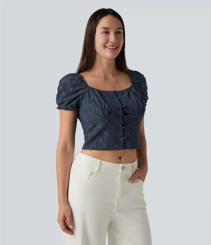 Square Neck Puff Short Sleeve Cropped Top