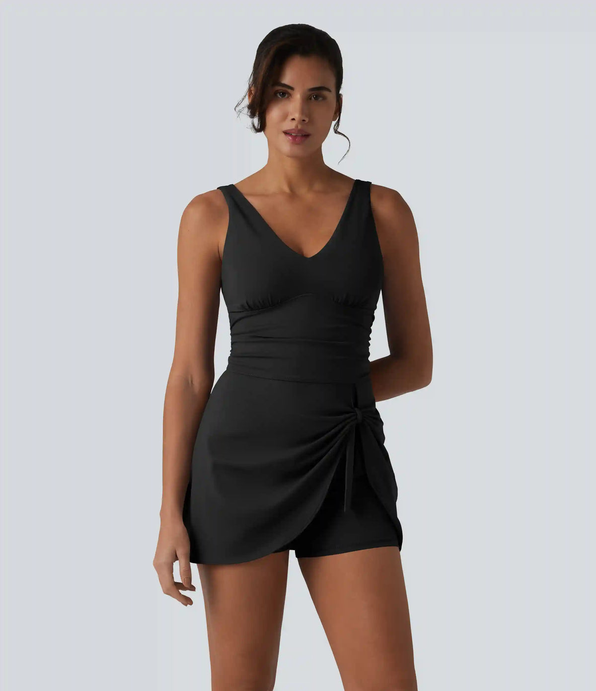 SoftlyZero™ Plush V Neck Built-in Bra Tie Side 2-in-1 Mini Yoga Active Dress with Pockets-Easy Peezy Edition