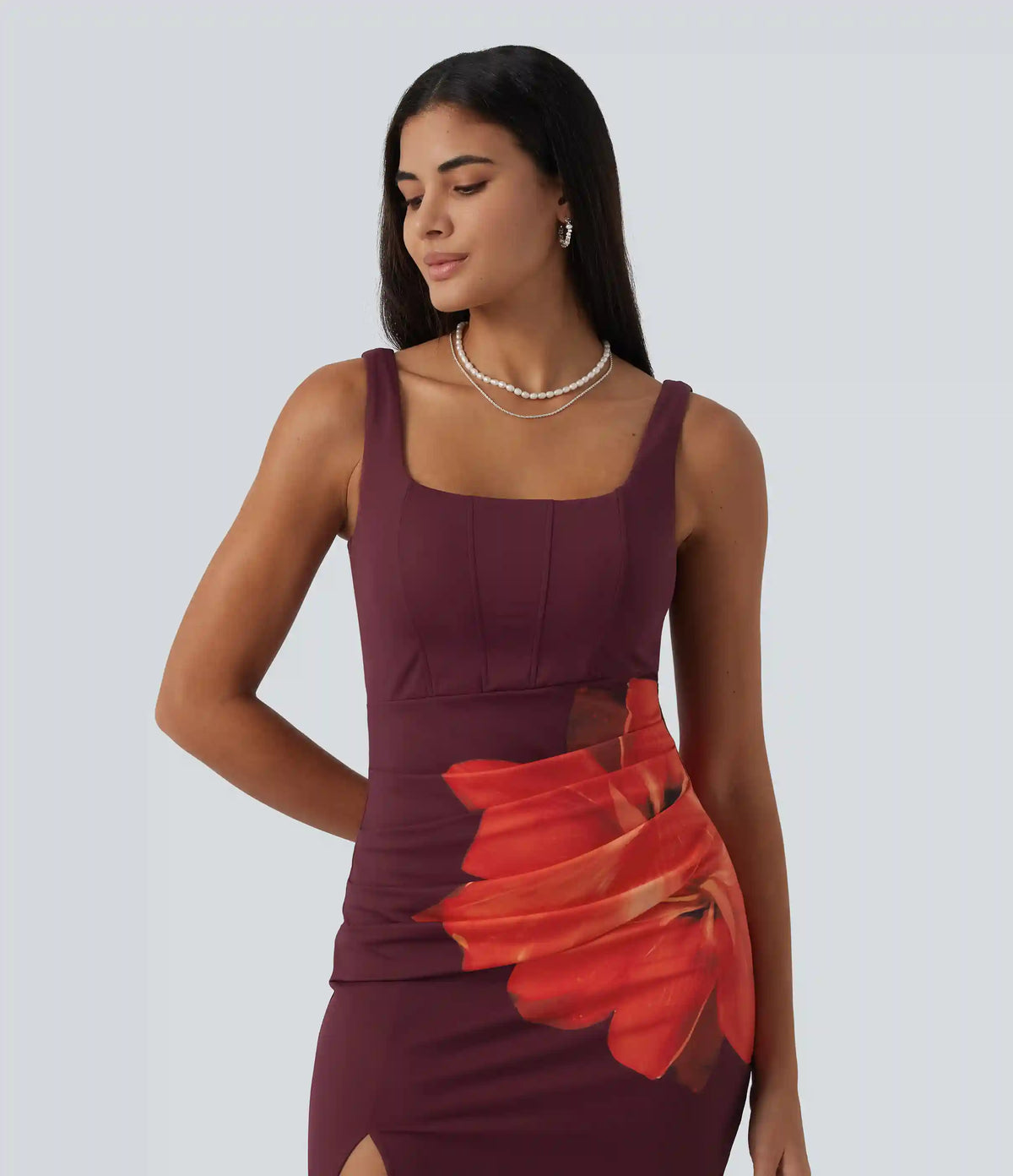 Square Neck Backless Corset Ruched Split Floral Print Bodycon Midi Party Dress