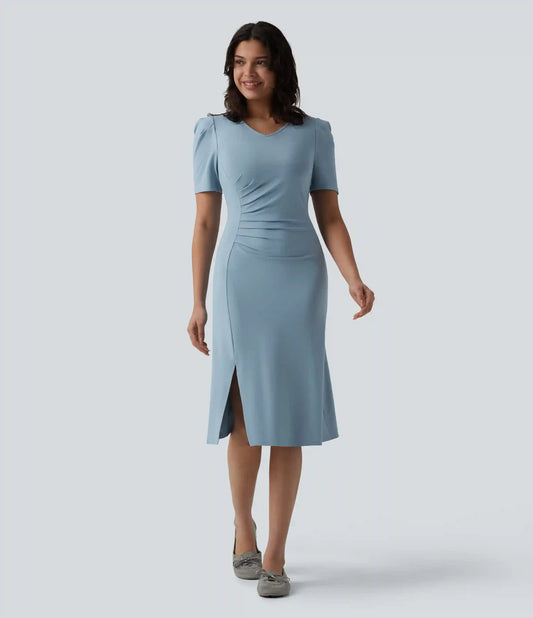 V Neck Short Sleeve Midi Casual Dress