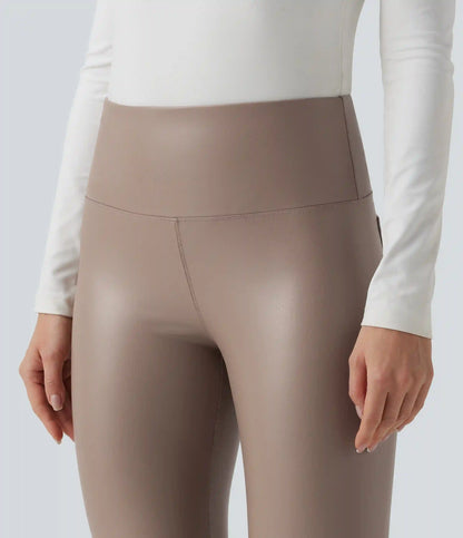 High Waisted Tummy Control Stretchy PU Fleece 7/8 Skinny Casual Leggings with Pockets