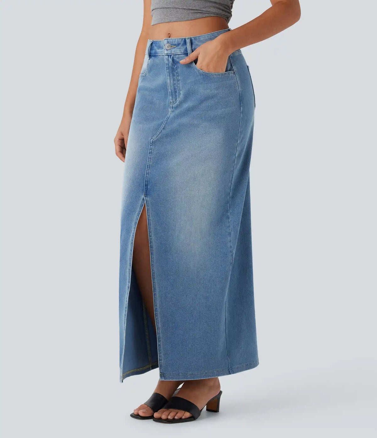 Halara Flex™ Mid Rise Pockets Straight Maxi Washed Denim Casual Skirt