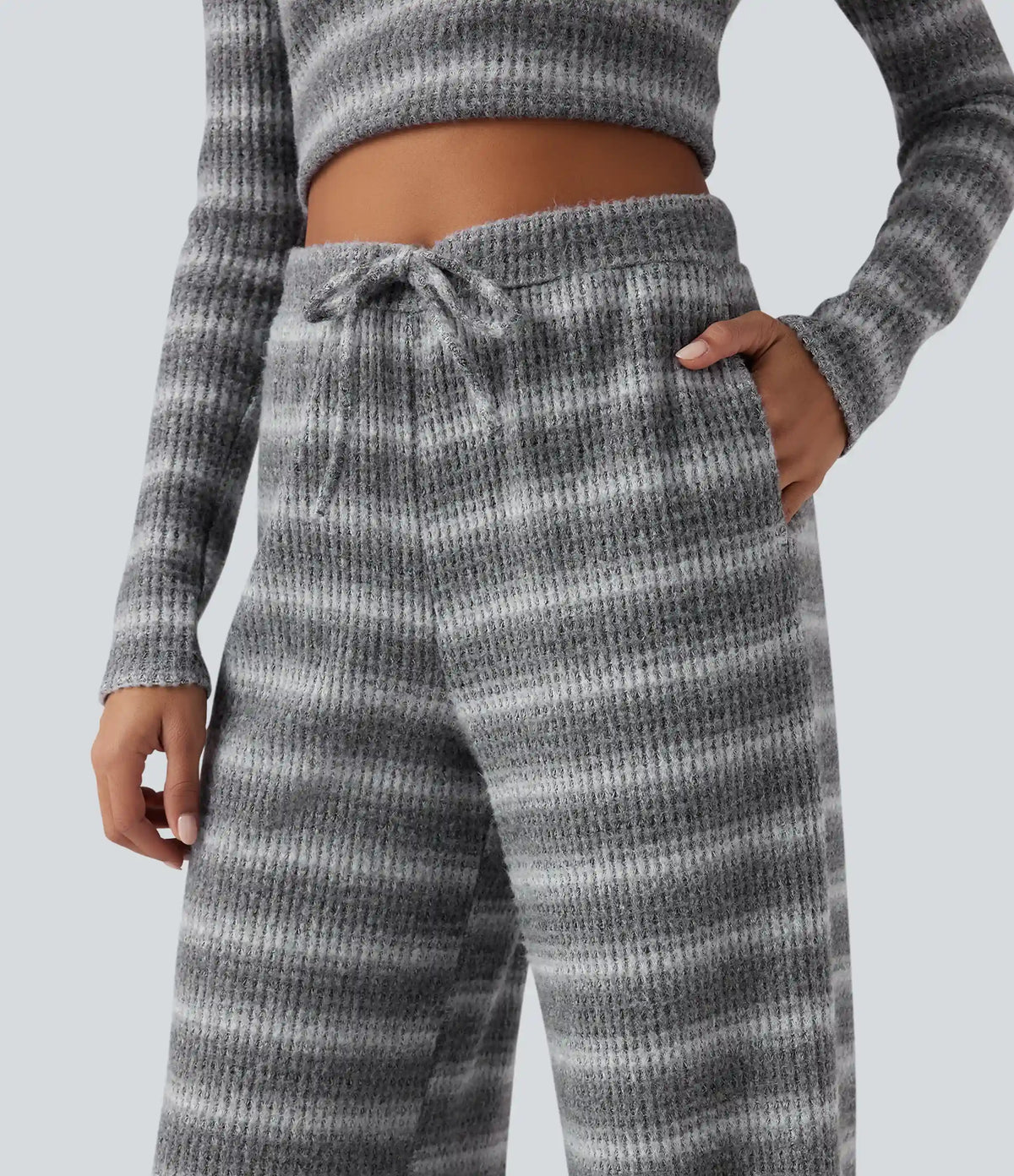 Mid Rise Drawstring Wide Leg Waffle Gradient Stripe Casual Pants with Pockets
